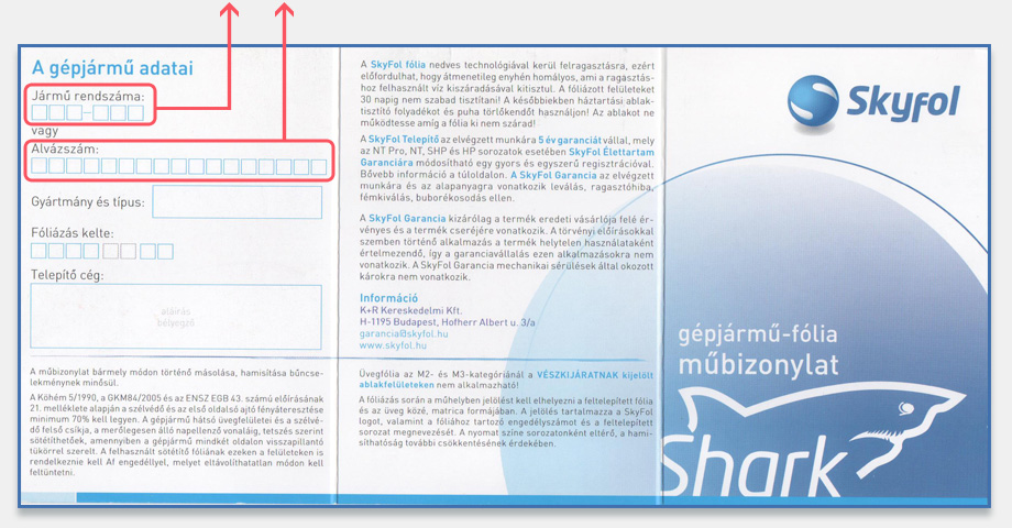 SkyFol Quality certificate - back side